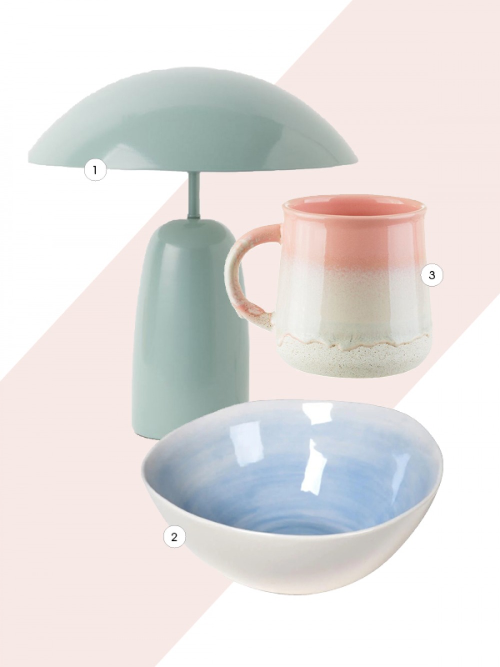 collage of green lamp, ombre mug and blue and white bowl