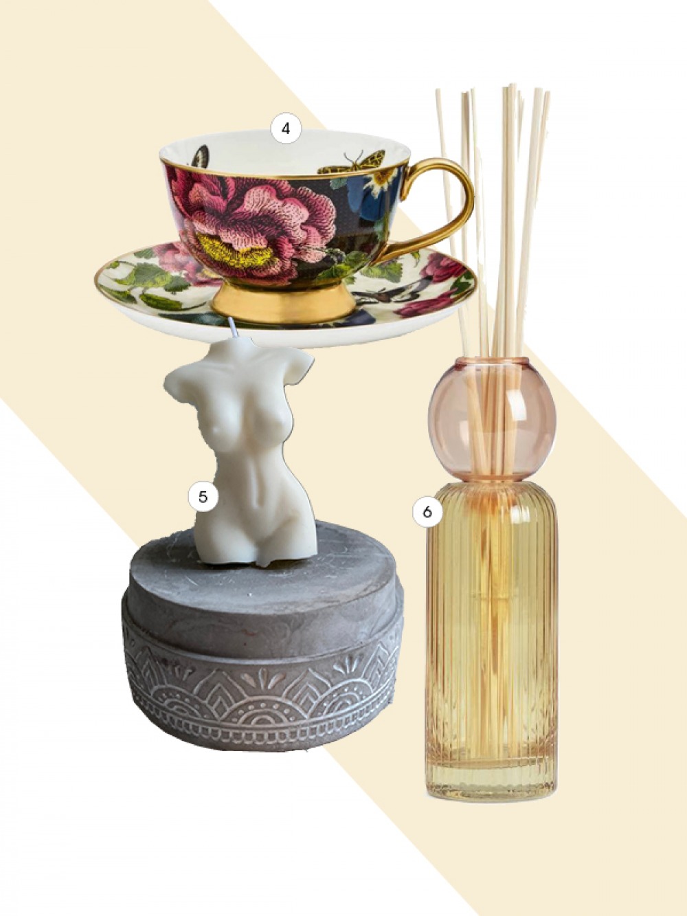 collage of products, floral cup and saucer, diffuser, naked soy candle