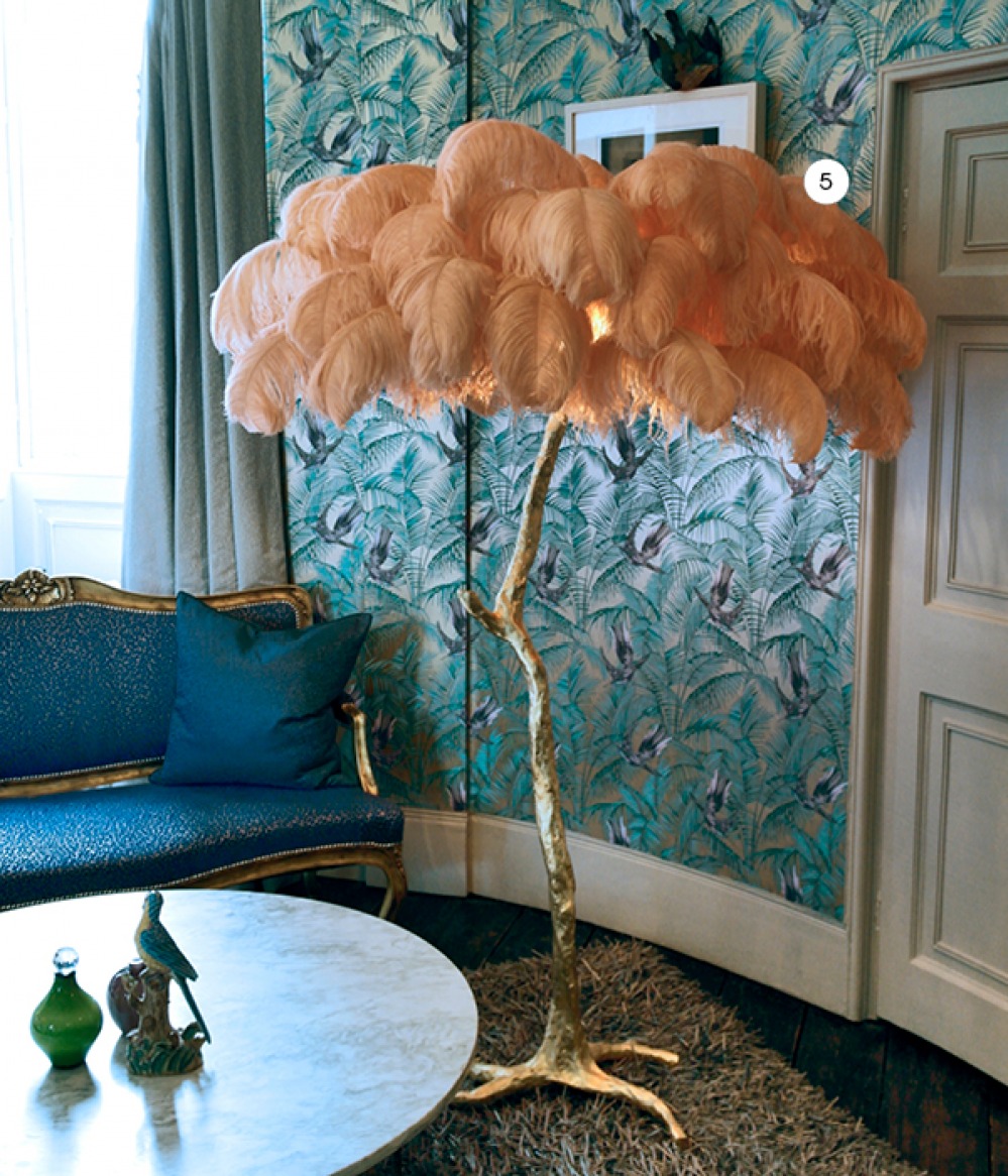 Ostrich feather floor lamp with gold stand