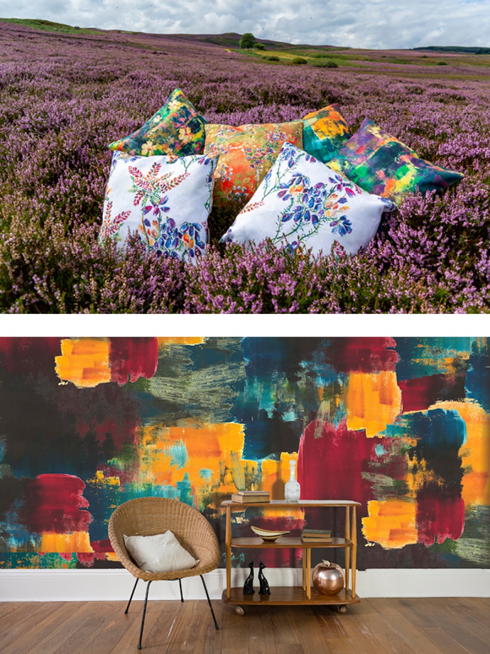 cushions in heather and bold print wallpaper with chair and side table in front