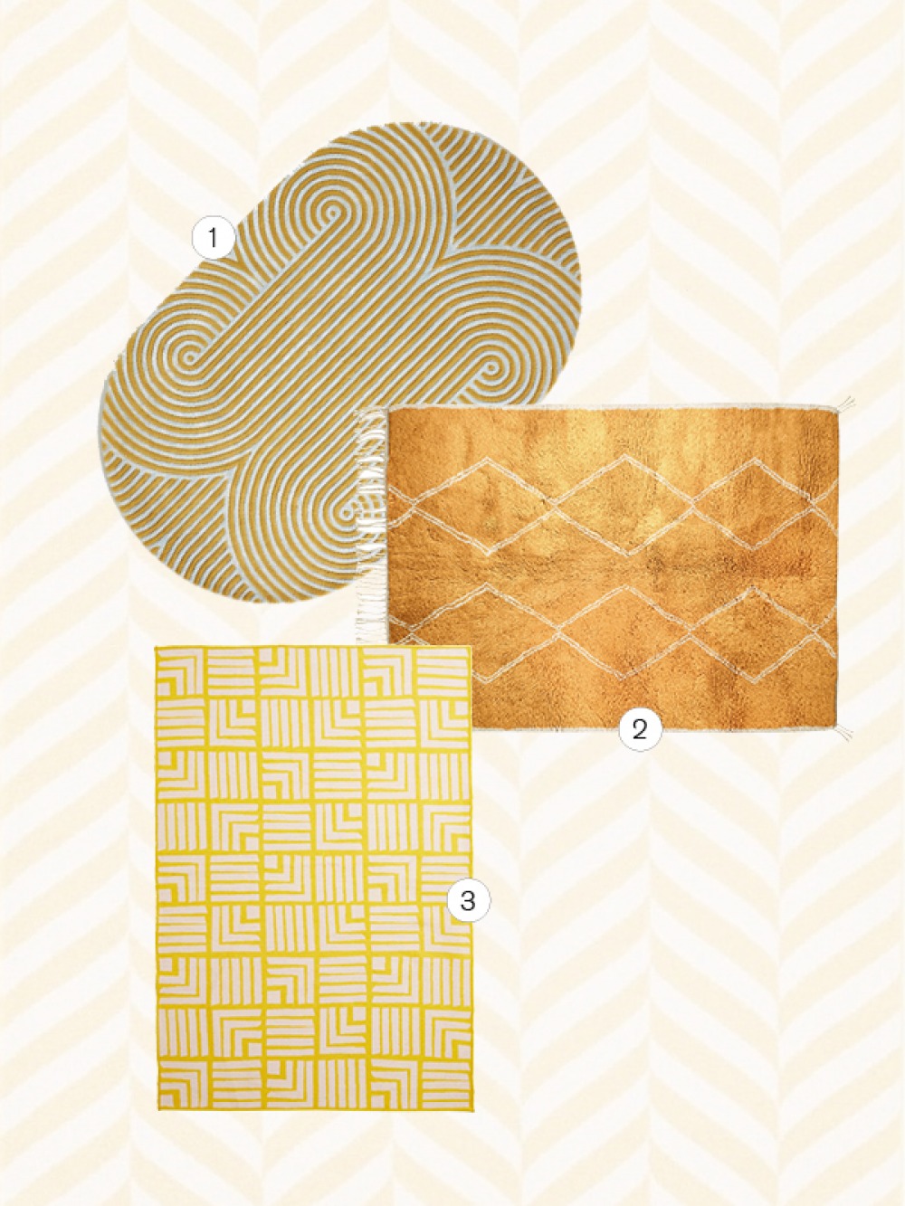 3 rugs with a yellow accent colour