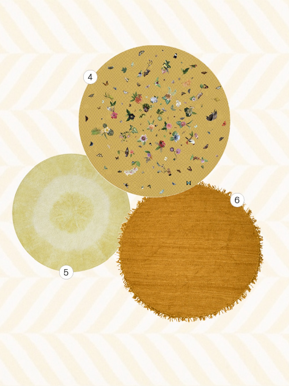 3 circle rugs with a yellow accent colour