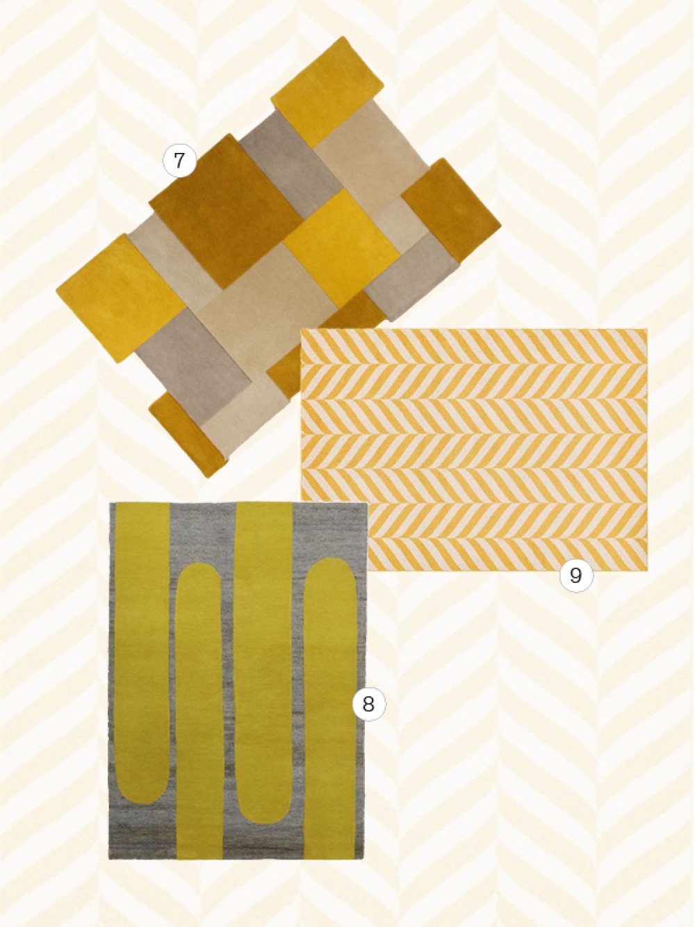 3 rugs with a yellow accent colour