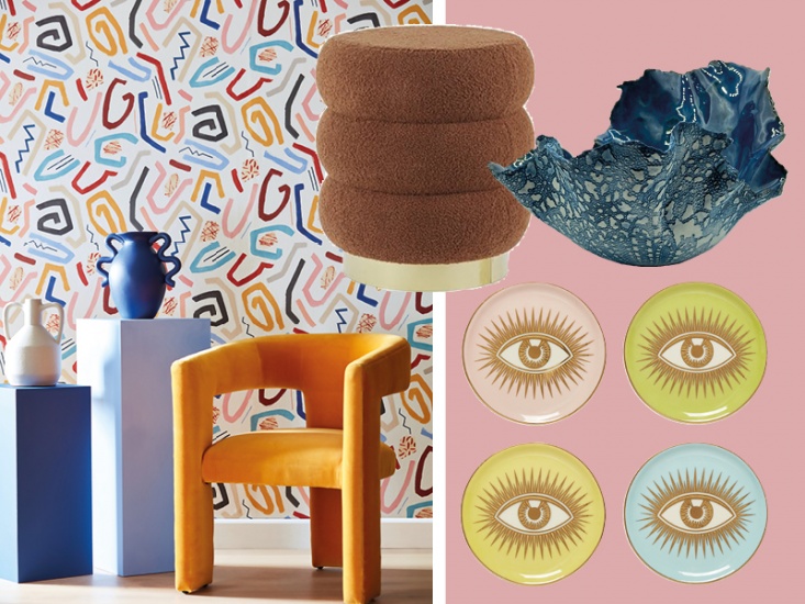 collage of interior pieces including plates, foot stool and vases