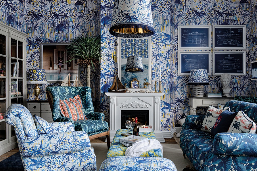 Combine Blue and White with Clashing Prints and Gold