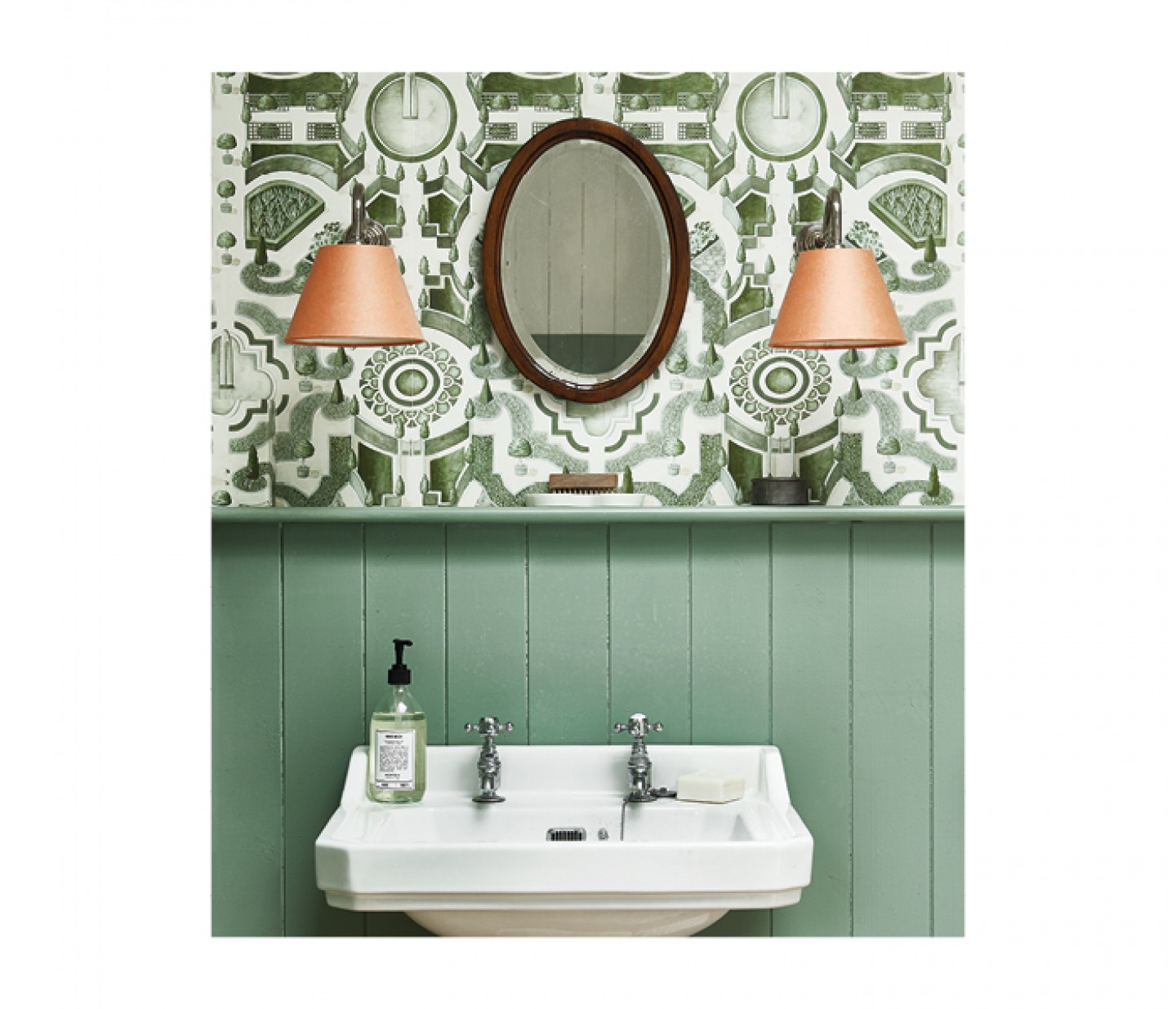 green bathroom sink with pink lamp shade