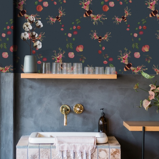 Floral Bee wallpaper with concrete wall, sink and gold taps