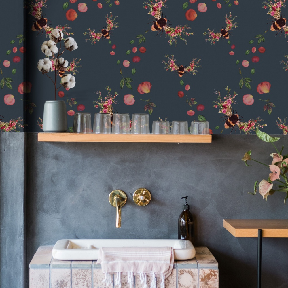 Floral Bee wallpaper with concrete wall, sink and gold taps