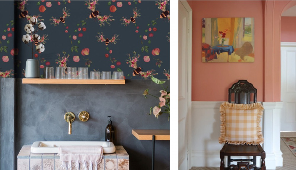 left: Floral Bee wallpaper with concrete wall, sink and gold taps, right: wooden chair with yellow and white gingham cushion