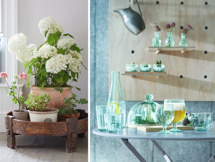 A collage of Images: Flowers in a pot, a glass lamp and a table with blue glasses