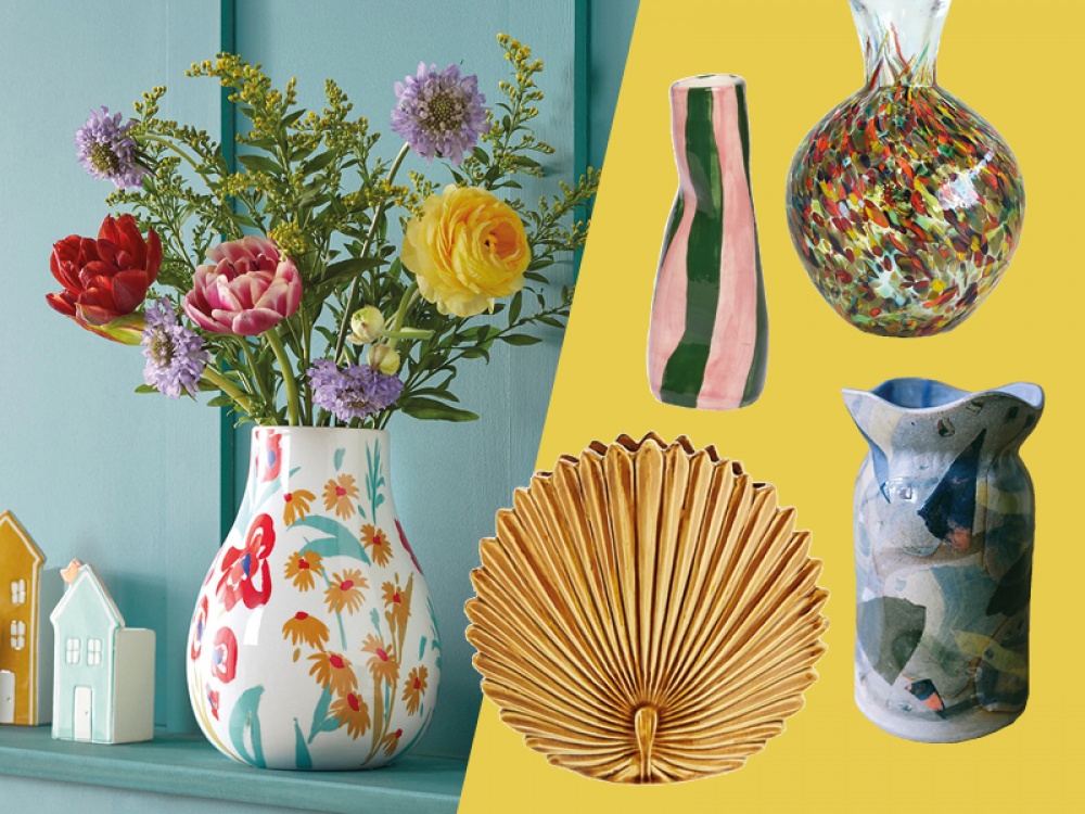 collage of Lifestyle image of a floral vases with fresh flowers and a product shots of empty vases
