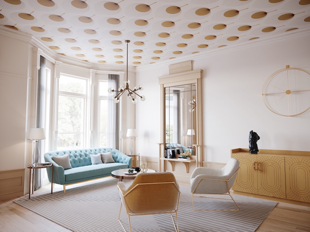 wallpaper ceiling with a big bay window