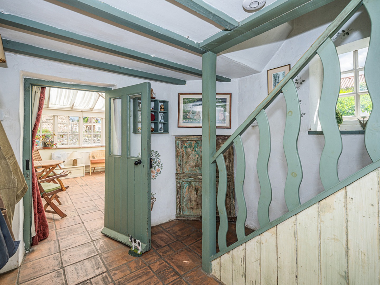 Living area in a traditional cottage with beams