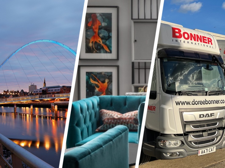 Newcastle quayside millennium bridge, living area with abstract fish art in background, front of a removals truck