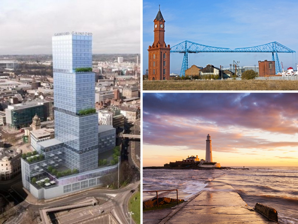 Teeside bridge collaged together with lighthouse and skyscrapers behind