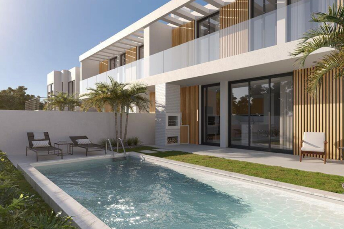 modern apartment with outdoor pool and sun loungers