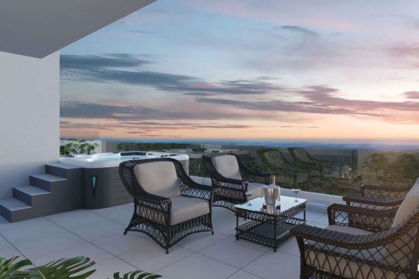 outdoor terrace with stunning sea views, seating and a jacuzzi