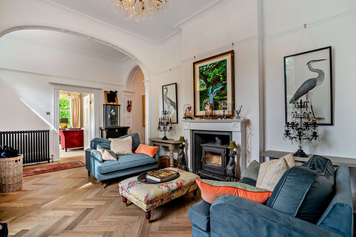 Reception room with Parquet flooring, archway and period features