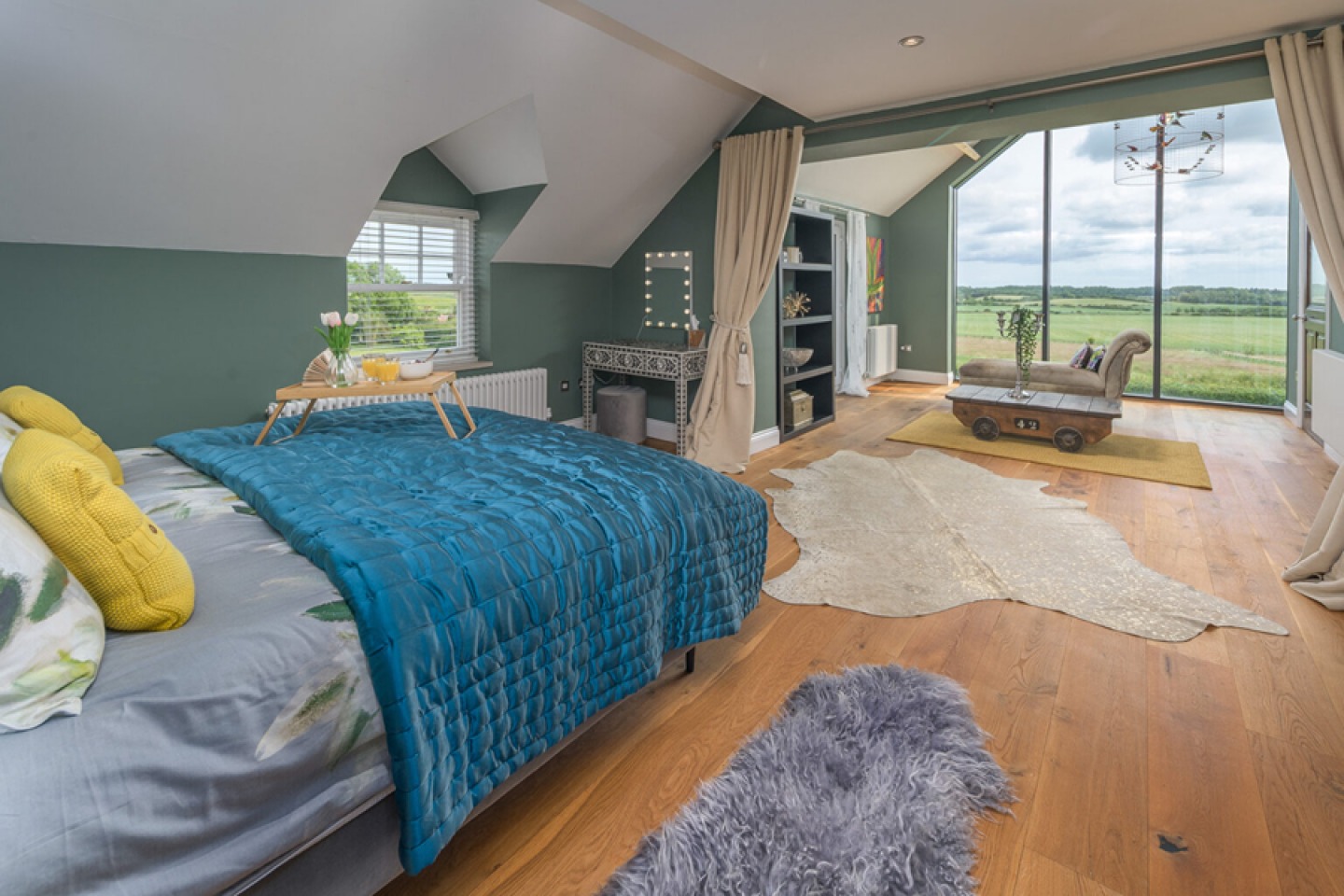 large master bedroom, floor to ceiling picture window