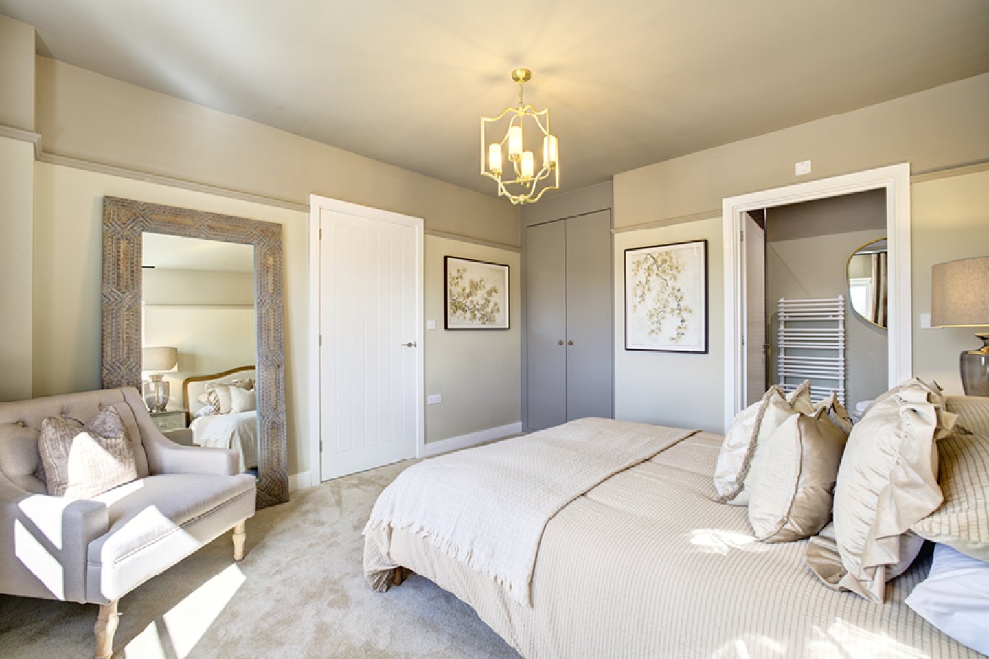 Master bedroom, modern neutral decor and en-suite