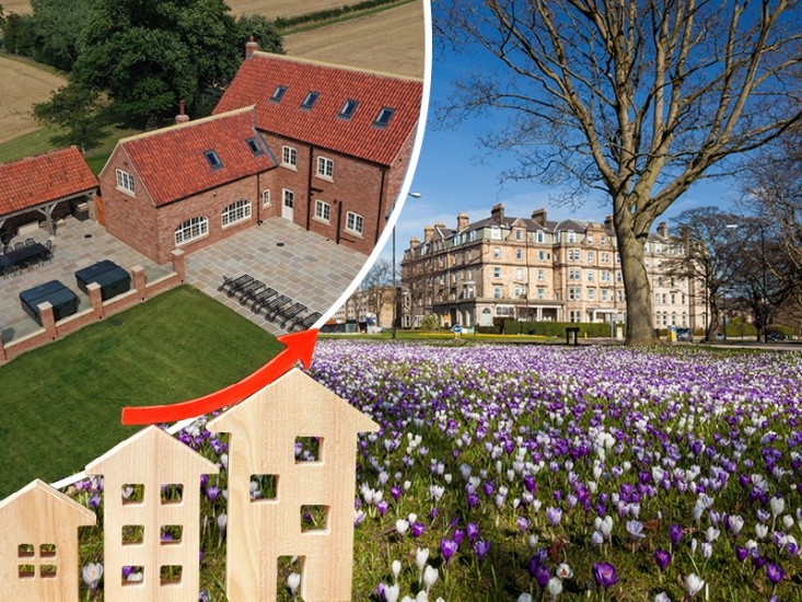 collage of 3 images wooden house increasing in size Harrogate and a large property rental from above