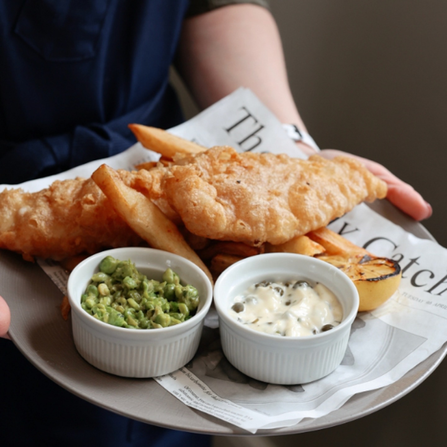fish, chips, mushy peas and tartare sauce