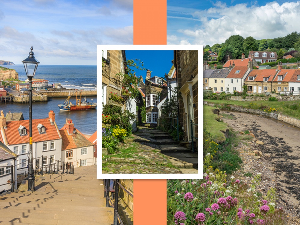 Steps at Whitby, cobbled street at Robin Hoods Bay, Sandsend