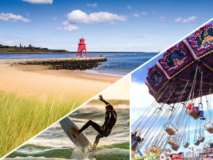collage of beach, surfer and fairground swings
