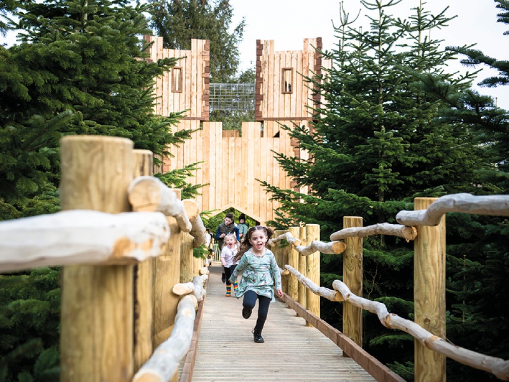 children running along a wooden bridge