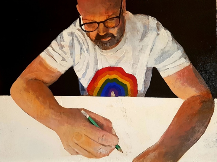 painting of a man drawing wearing a rainbow T-shirt