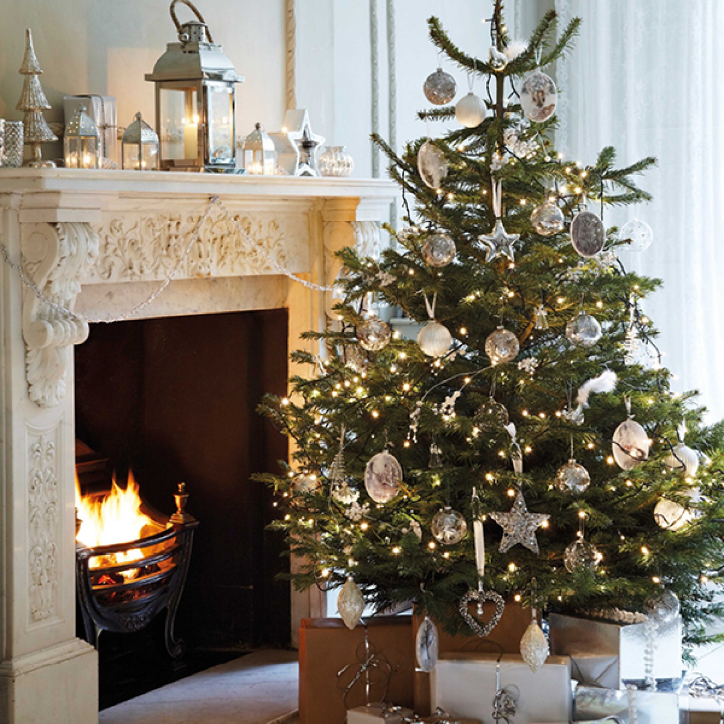 real christmas tree in front of fire