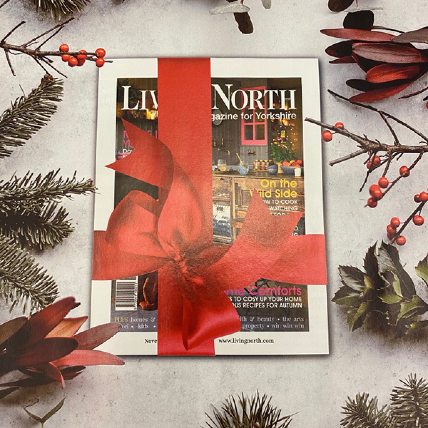 living north magazine with red bow