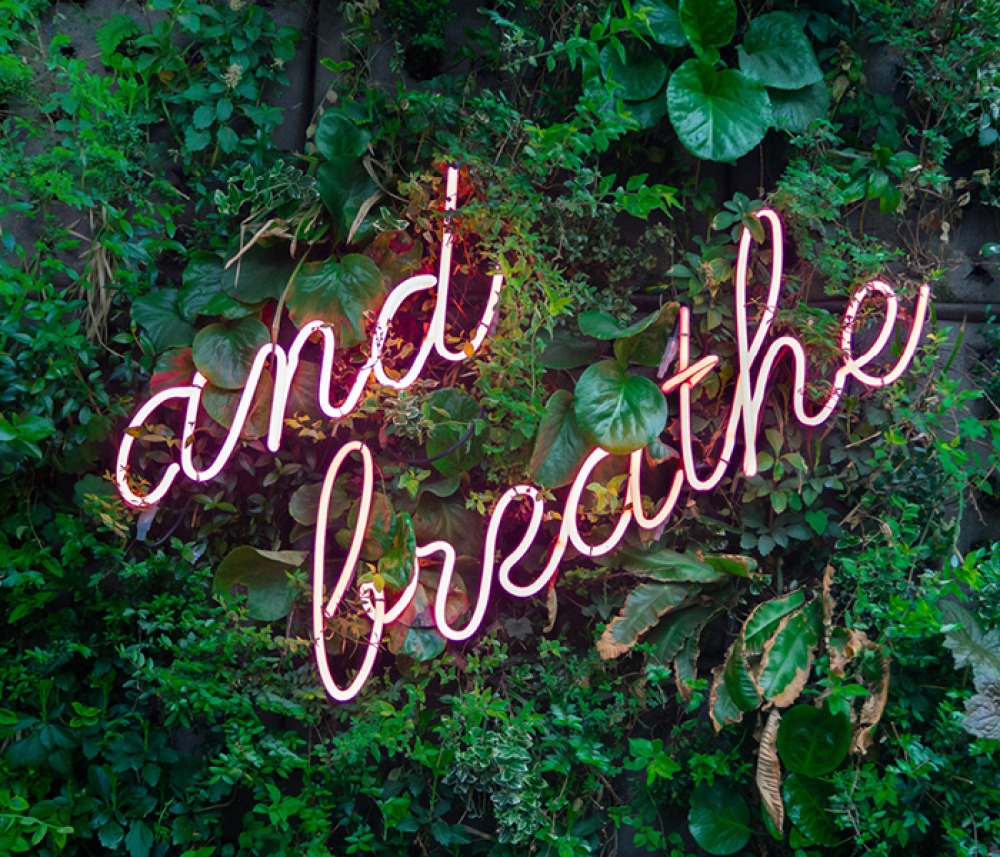 neon pink sign saying ‘and breathe'