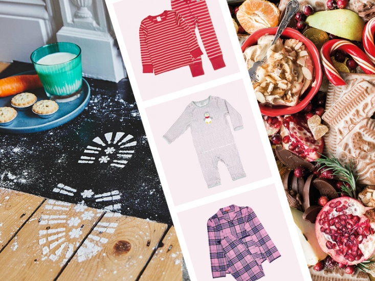 snowy boot print on a fire place, kids pjs and festive grazing board