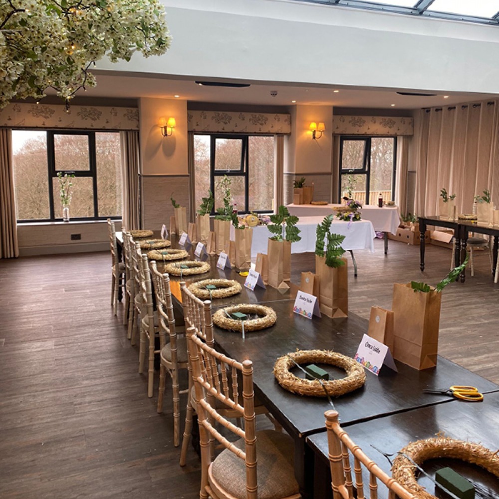 Easter wreath making class with tables set