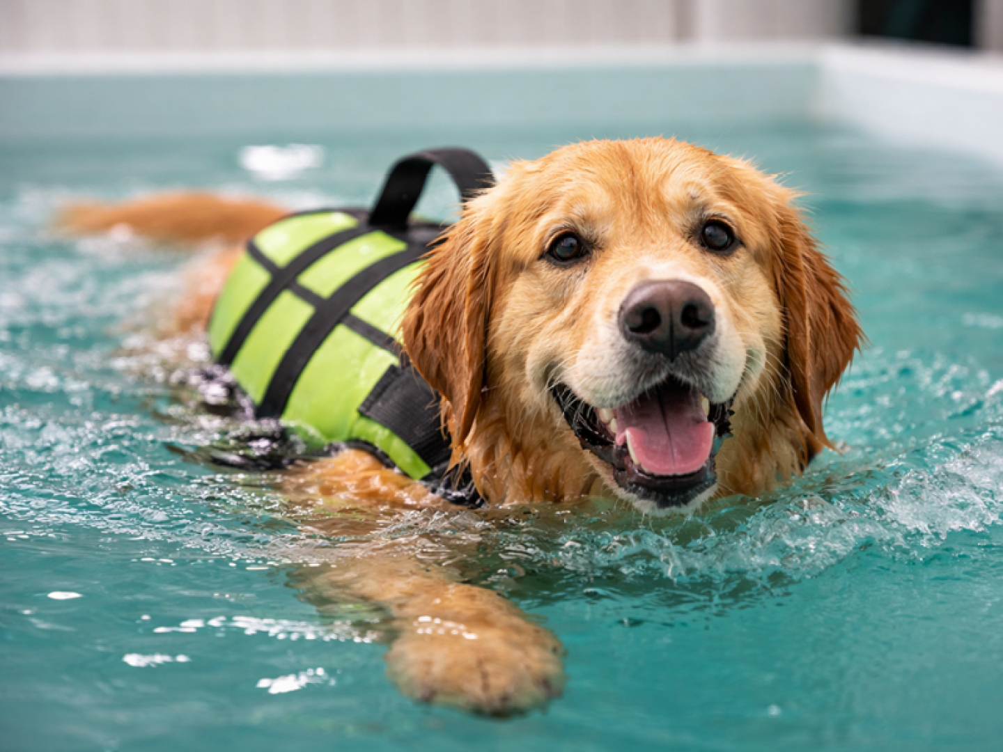 dog wearing floatation device having hydrotherapy