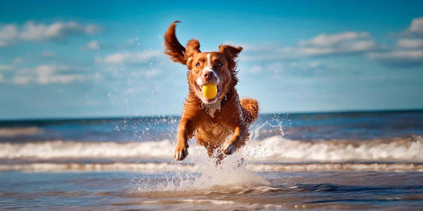dog running on a beach with a ball in its mouth