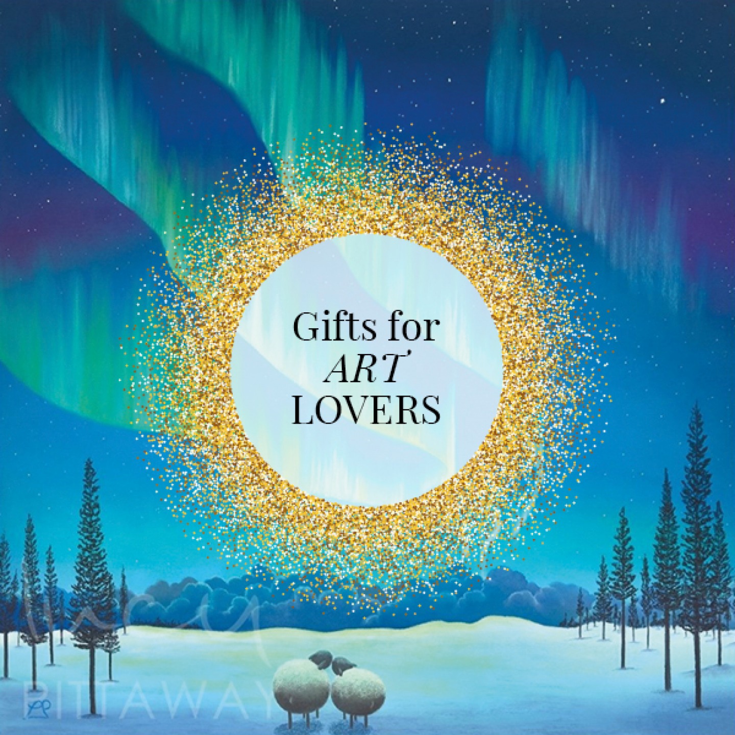 Painting of 2 sheep in snow with northern lights above
