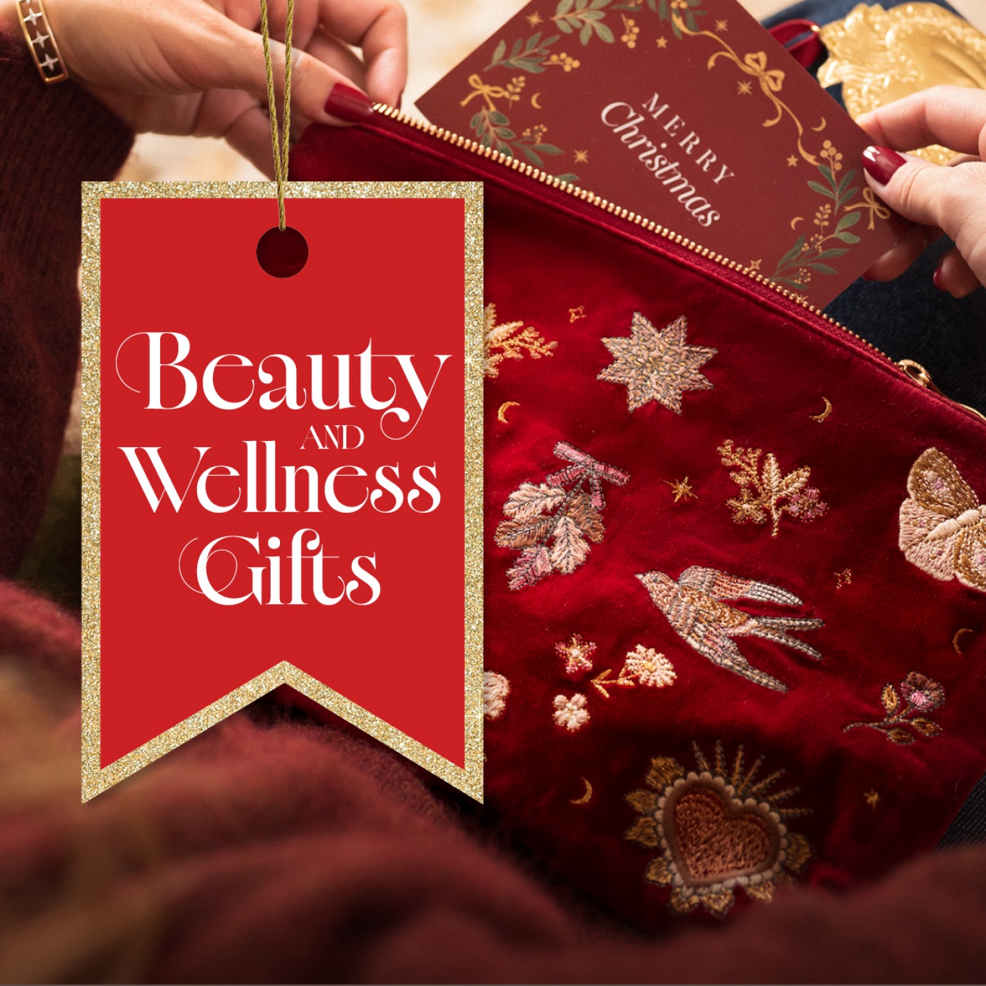 Red velvet embroidered beauty bag