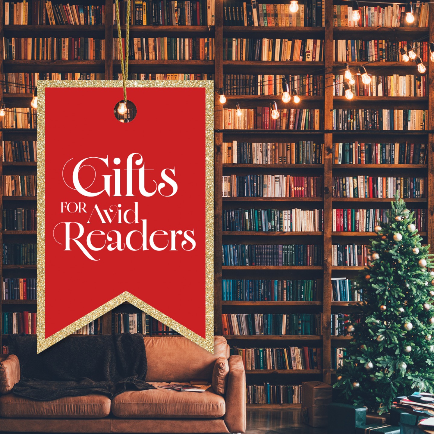 Floor to ceiling bookshelves with a Christmas tree, sofa and lights strung above