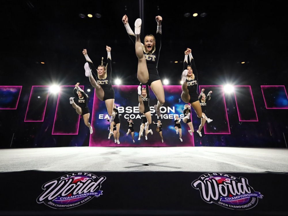 An action shot from the seniors routine at the Allstar World Championships