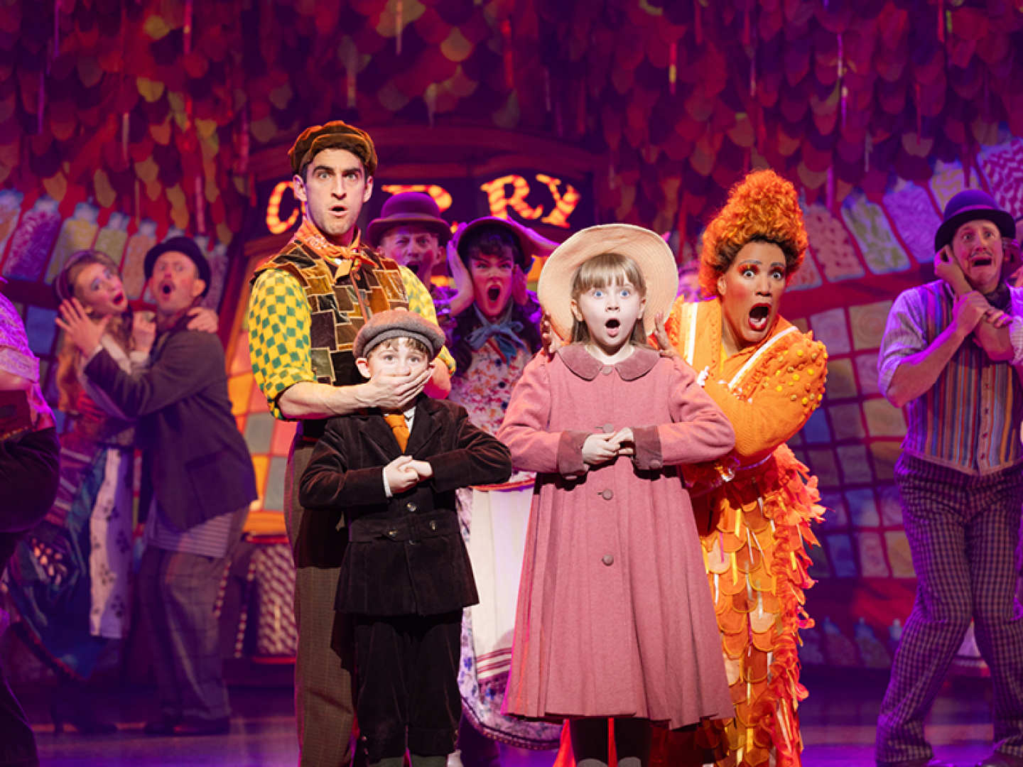 MARY POPPINS. Jack Chambers (Bert), Charlie Donald (Michael Banks), Florence Swann (Jane Banks), Sharon Wattis (Miss Corry,Miss Smythe) and Company. Photo Danny Kaan