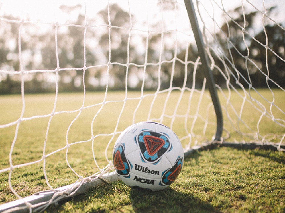 Football sitting in a goal