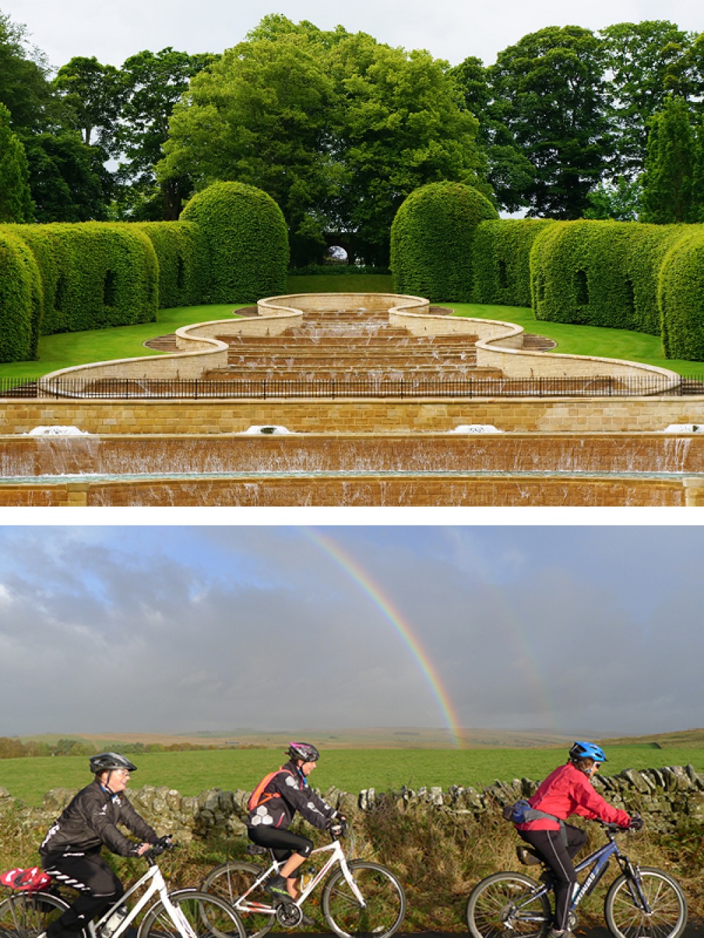 Alnwick garden water feature and 3 people cycling with rainbow in the background