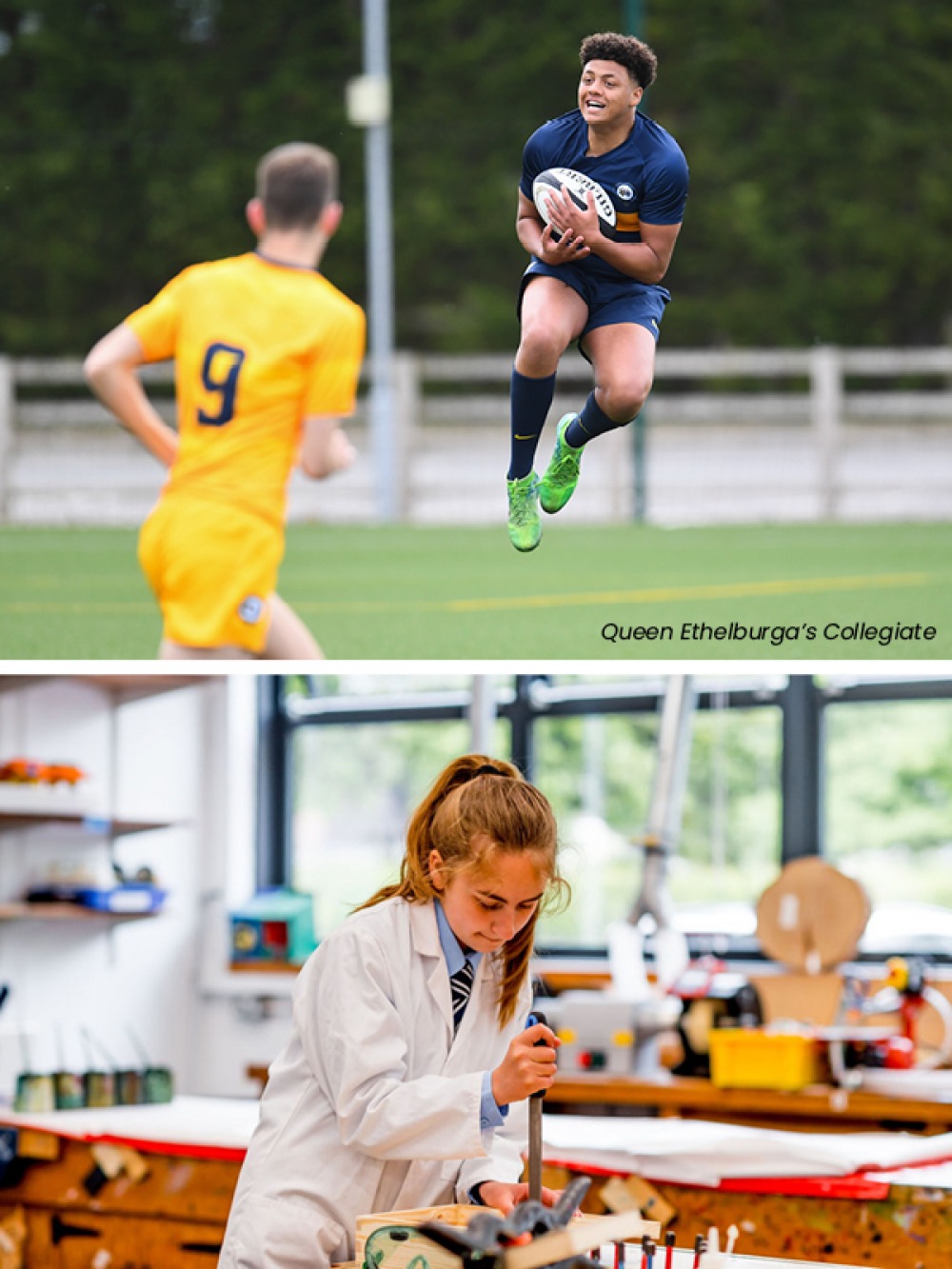 students playing rugby and a student working on a art piece