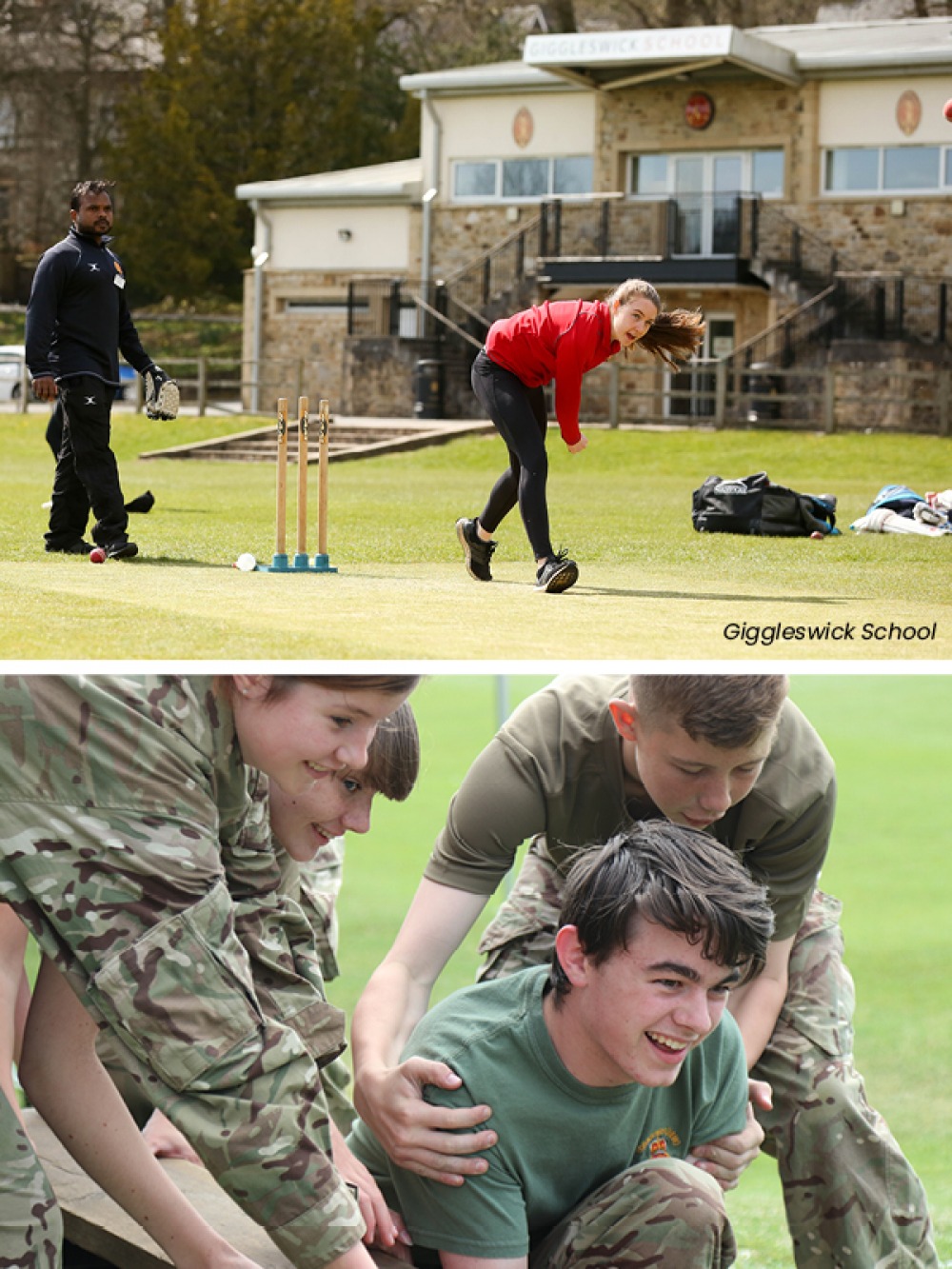 Student playing cricket and a group of students taking part in Combined Cadet Force Programme