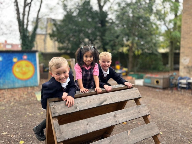 3 young children playing on a climbing frame