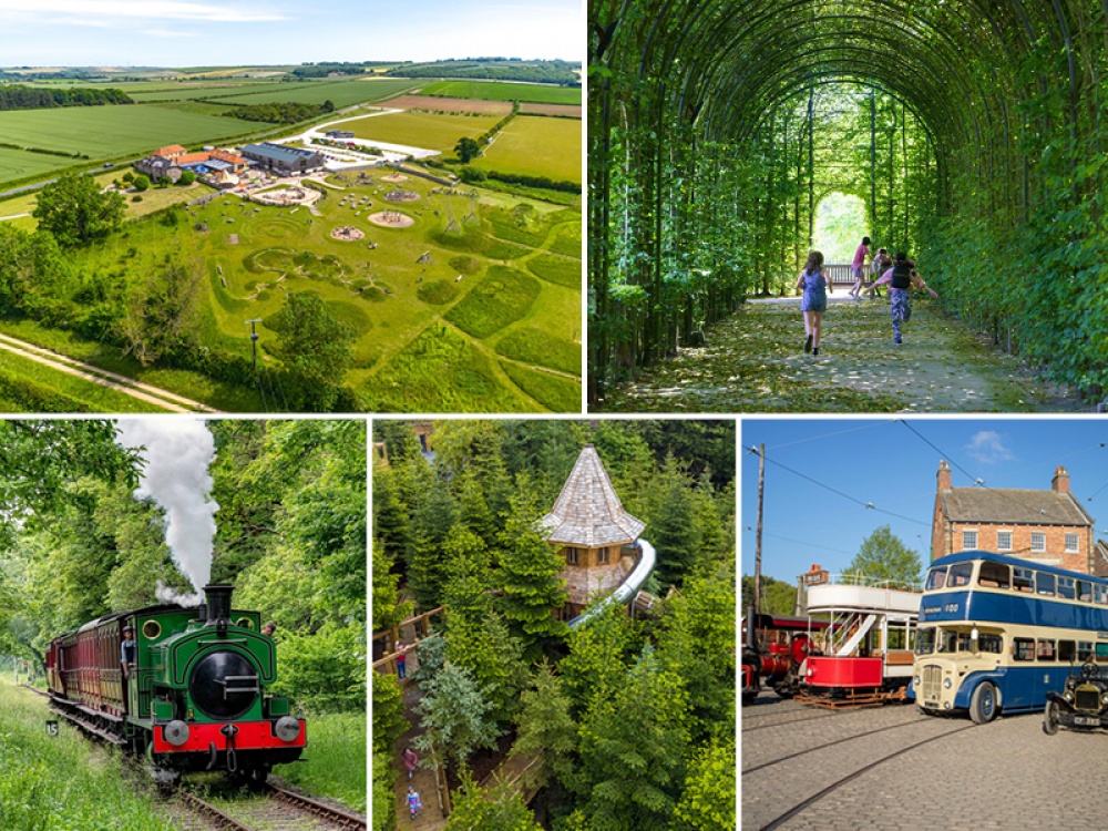Ariel shot of playground, children running in a garden, train, wooden playhouse in the forest, old fashioned vehicles