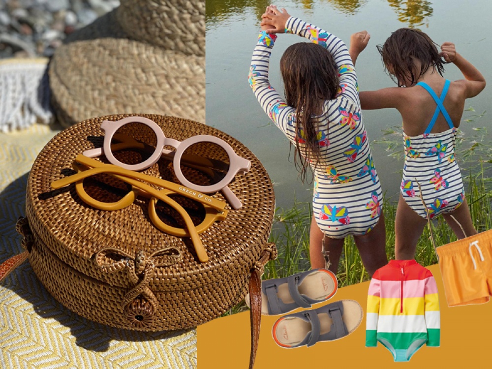 sunglasses on a wicker bag, product shots of clothes and kids wearing swimwear playing on edge of lake