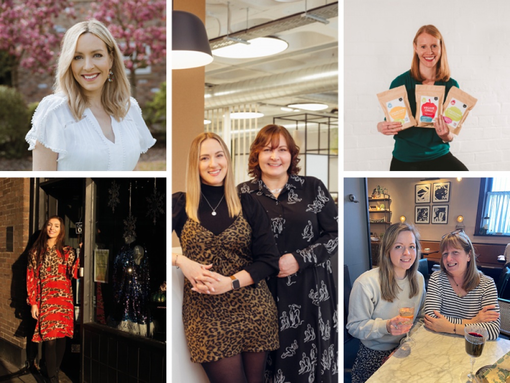 5 different images of woman promoting a product